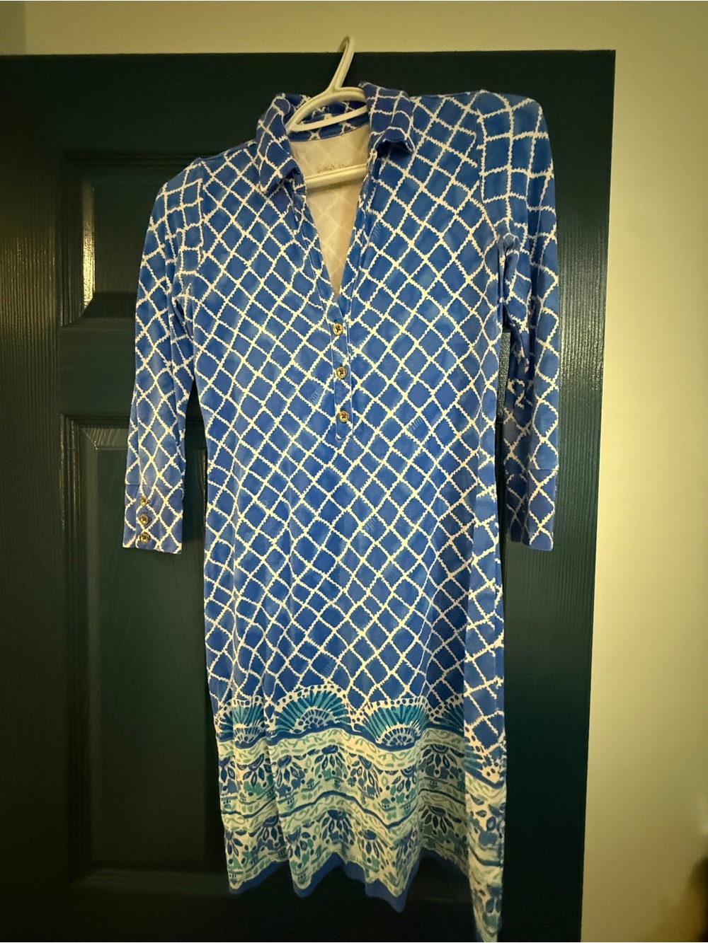 Lilly Pulitzer Blue White Lattice Border Print Polo Shift Dress
Size xxs